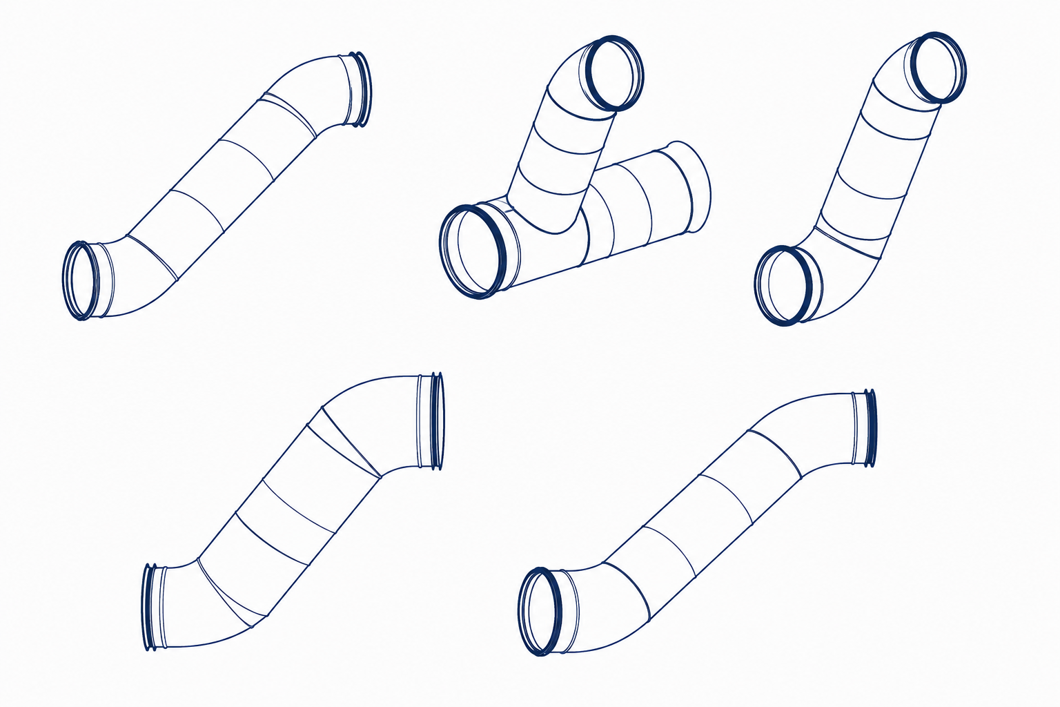 Teknisk illustration av ventilationsböjar och kanaldetaljer